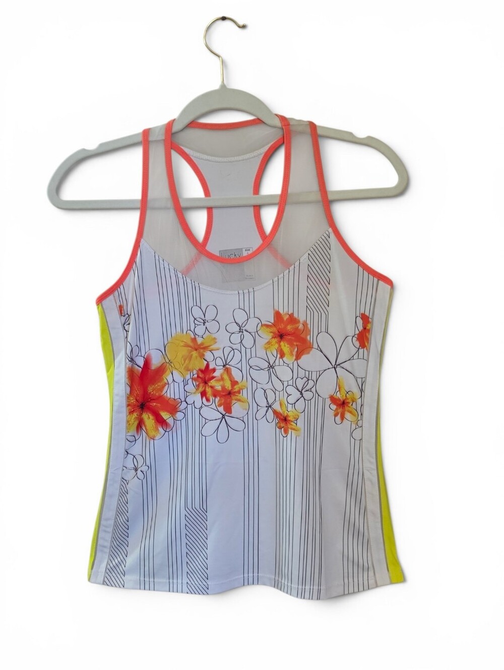 Lucky In Love Floral Striped Mesh Racerback Tennis Pickleball Athletic Tank S